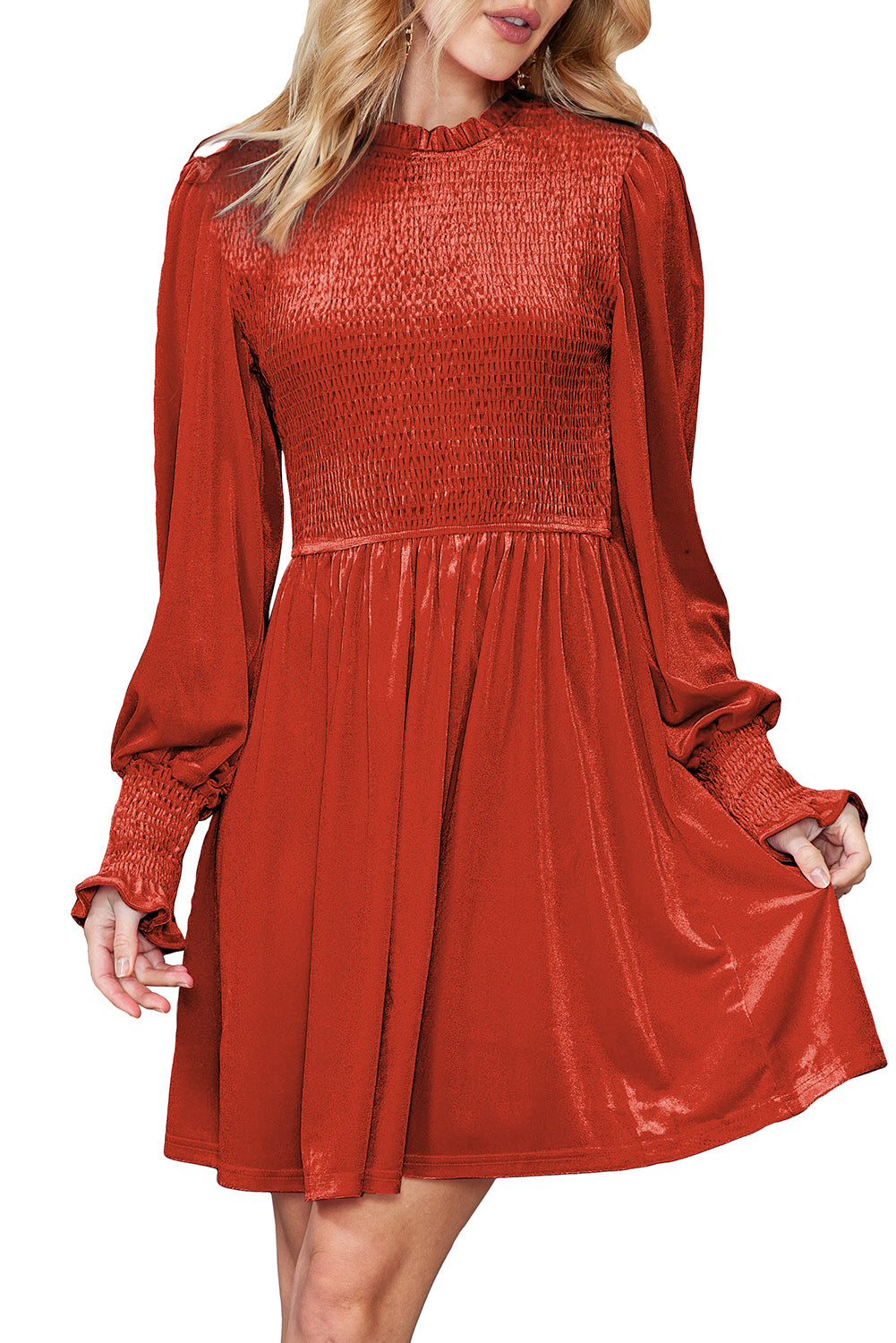 Rose Red Smocked Lantern Sleeve Frilled Velvet Dress - MAD RUFFI