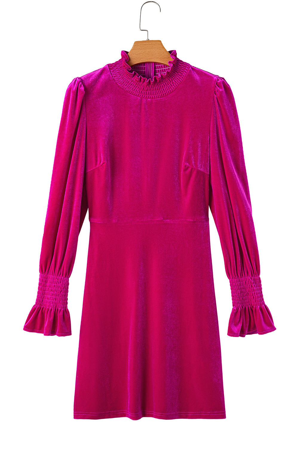 Rose Red Smocked Mock Neck Ruffled Puff Sleeve Velvet Mini Dress - MAD RUFFI