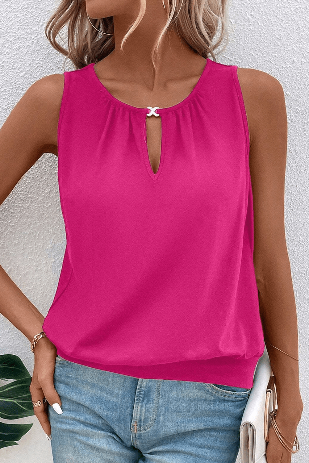 rose red solid color buckle round neck tank top - MAD RUFFI
