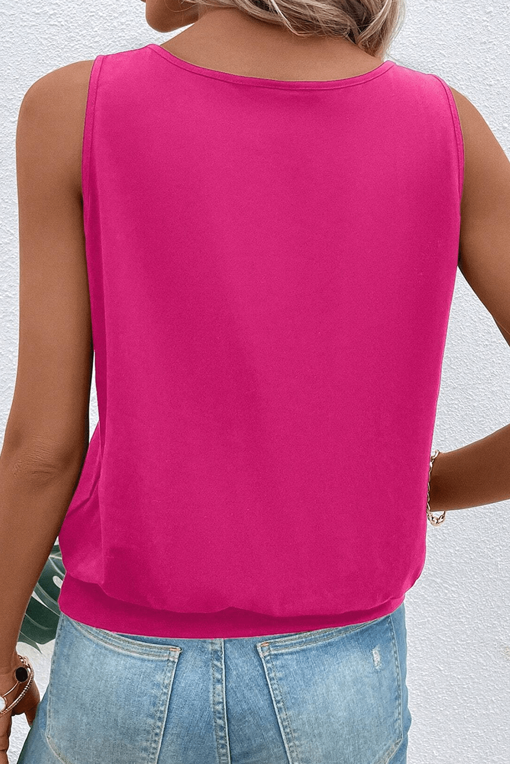 rose red solid color buckle round neck tank top - MAD RUFFI