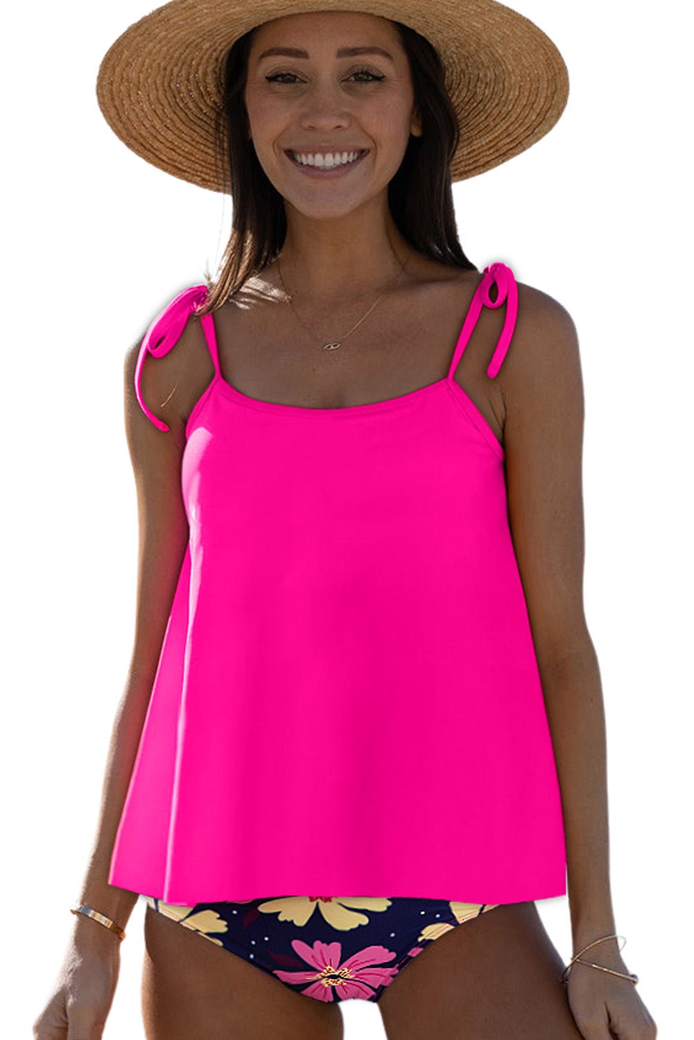 Rose Red Solid Color Cami and Floral Print Panty Tankini Set - MAD RUFFI