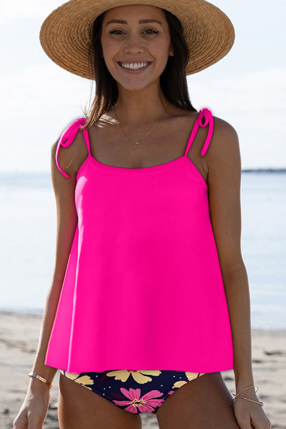 Rose Red Solid Color Cami and Floral Print Panty Tankini Set - MAD RUFFI