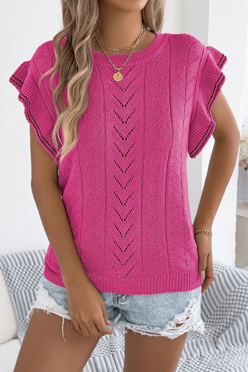 Rose Red Solid Color Ruffle Eyelet Knitted Top - MAD RUFFI