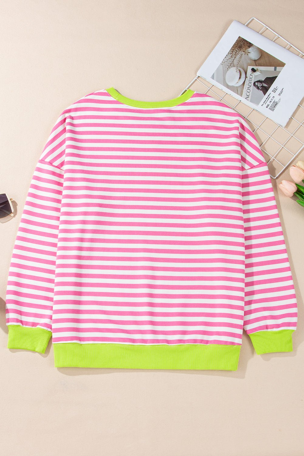 Rose Red Striped Contrast Trim Drop Shoulder Sweatshirt - MAD RUFFI
