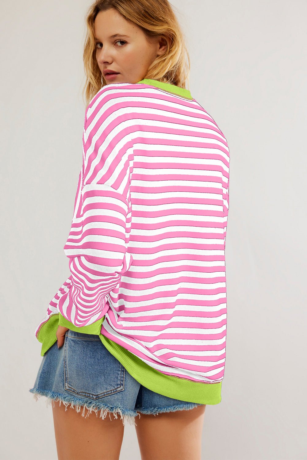 Rose Red Striped Contrast Trim Drop Shoulder Sweatshirt - MAD RUFFI