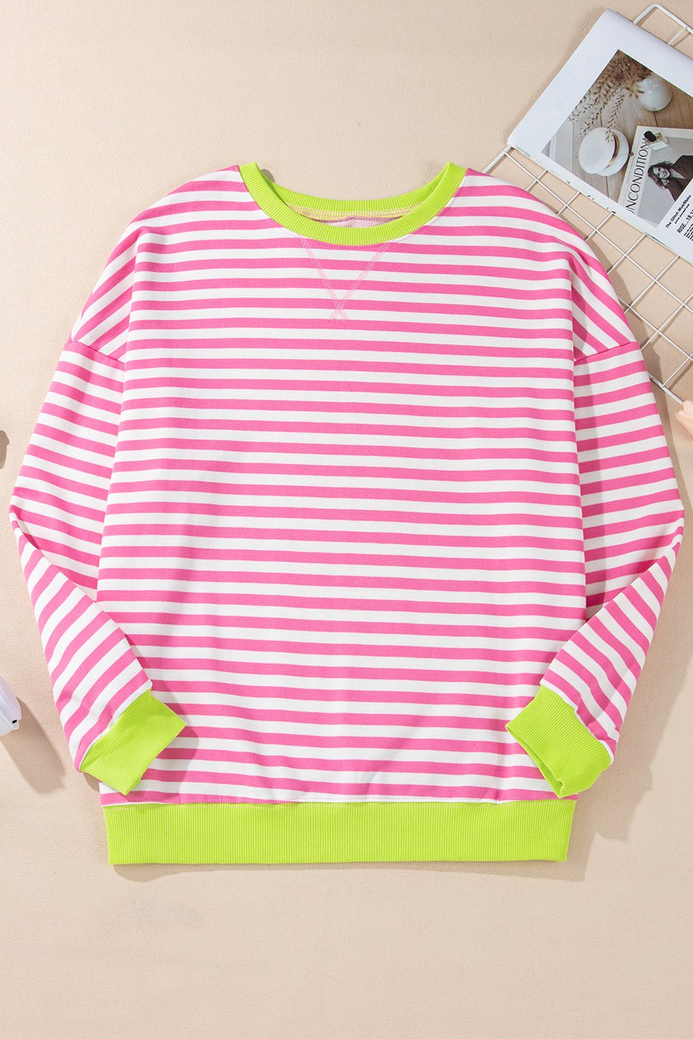 Rose Red Striped Contrast Trim Drop Shoulder Sweatshirt - MAD RUFFI