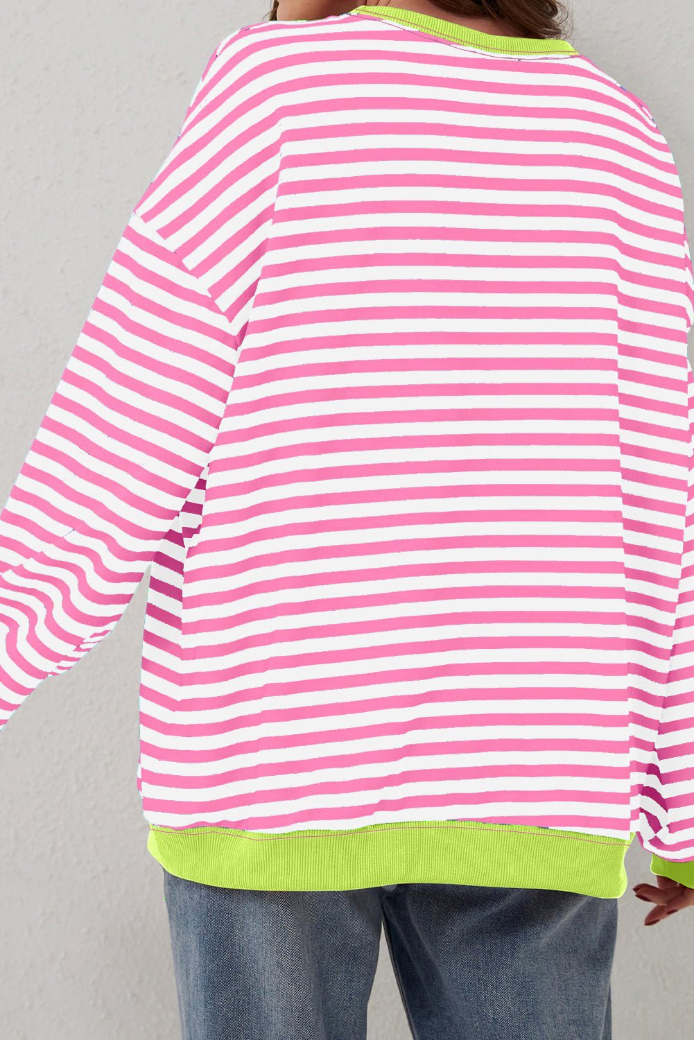 Rose Red Striped Contrast Trim Drop Shoulder Sweatshirt - MAD RUFFI