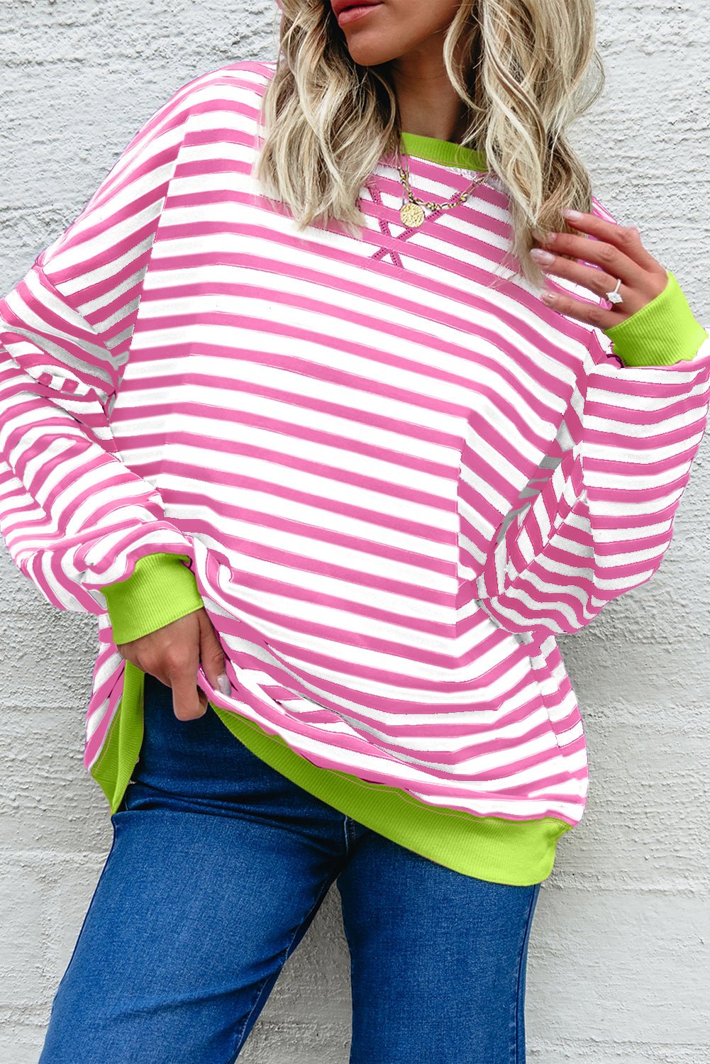Rose Red Striped Contrast Trim Drop Shoulder Sweatshirt - MAD RUFFI