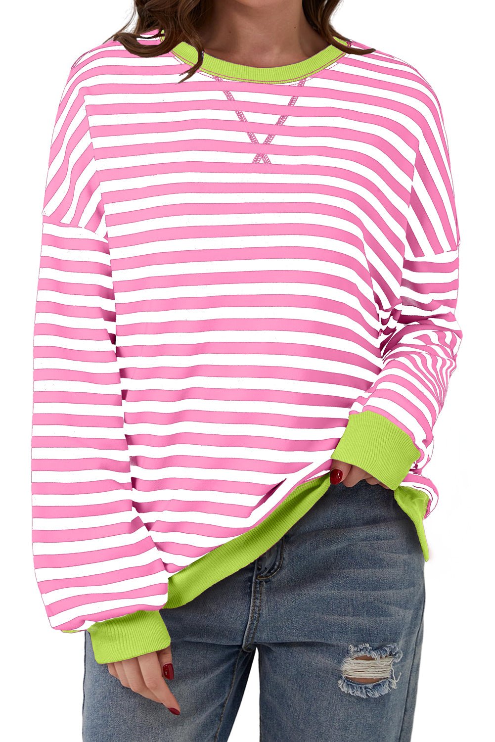 Rose Red Striped Contrast Trim Drop Shoulder Sweatshirt - MAD RUFFI