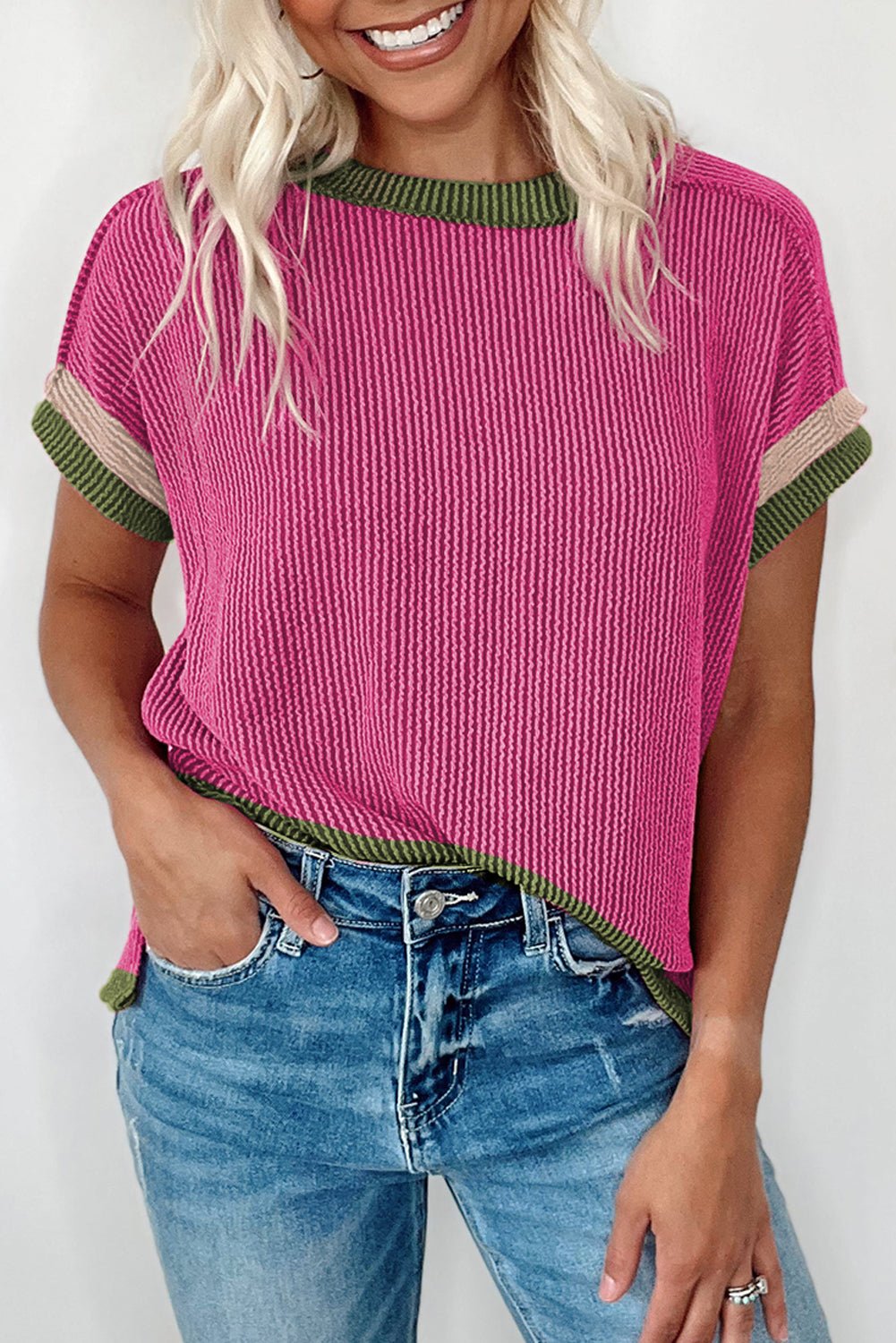 rose red textured colorblock round neck t shirt - MAD RUFFI