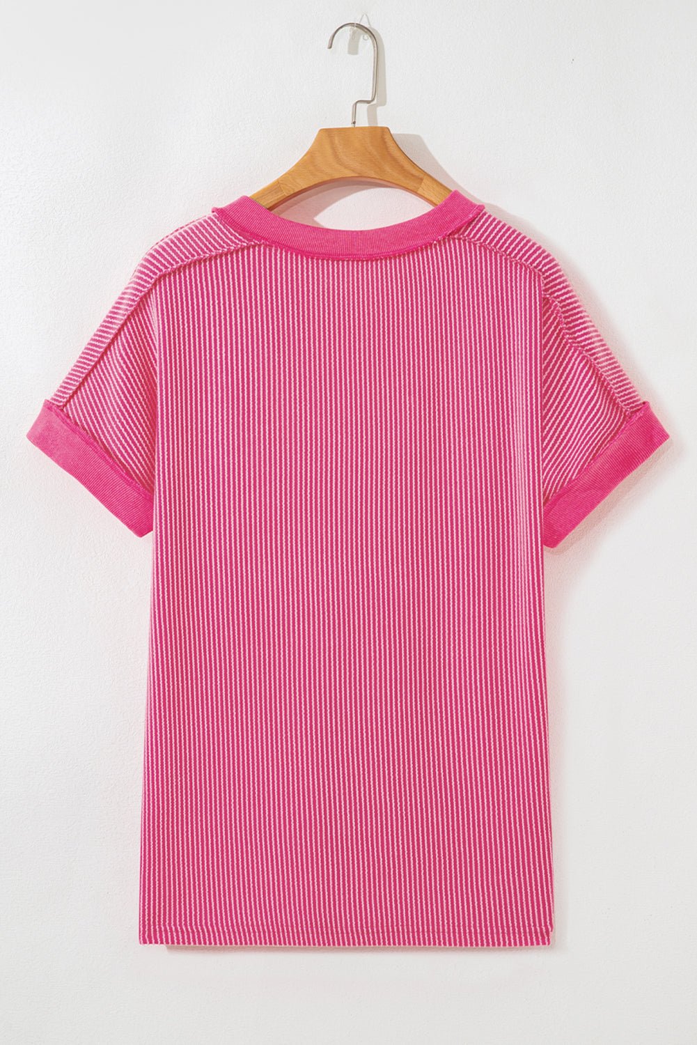 rose red twisted ribbed knit patchwork v neck casual tee - MAD RUFFI