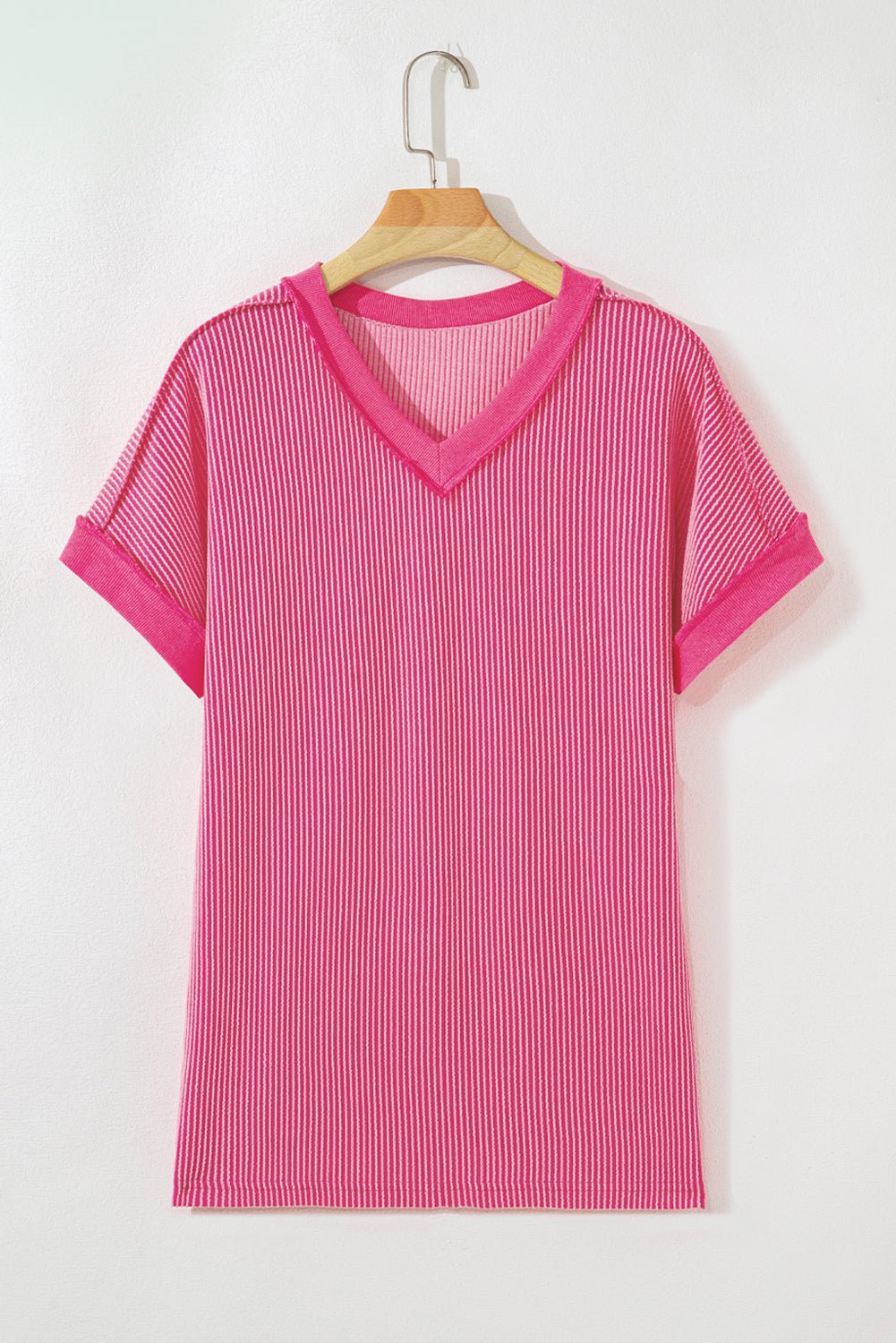 rose red twisted ribbed knit patchwork v neck casual tee - MAD RUFFI