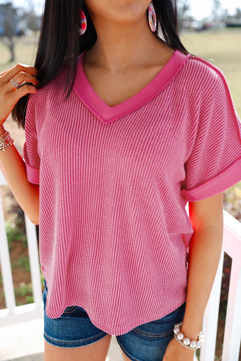 rose red twisted ribbed knit patchwork v neck casual tee - MAD RUFFI