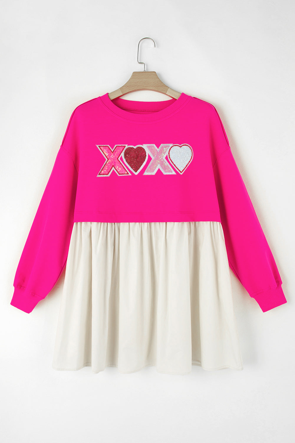 Rose Red XOXO Heart Patched Casual Sweatshirt Mini Dress - MAD RUFFI