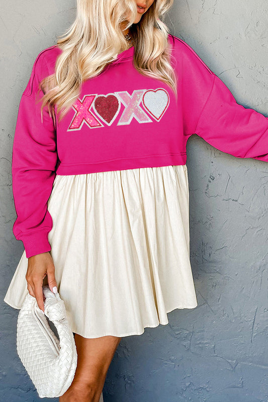 Rose Red XOXO Heart Patched Casual Sweatshirt Mini Dress - MAD RUFFI