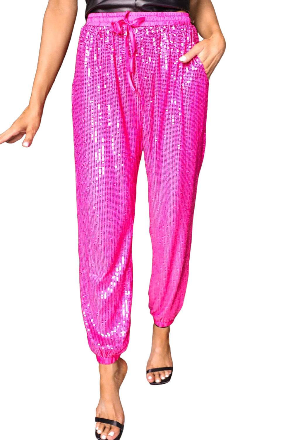 Rose Sequins Tie Elastic Waist Jogger Pants - MAD RUFFI