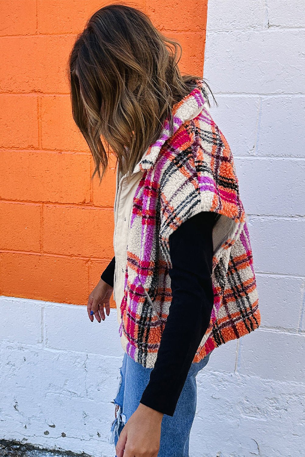Rose Sherpa Plaid Collared Jacket Vest - MAD RUFFI