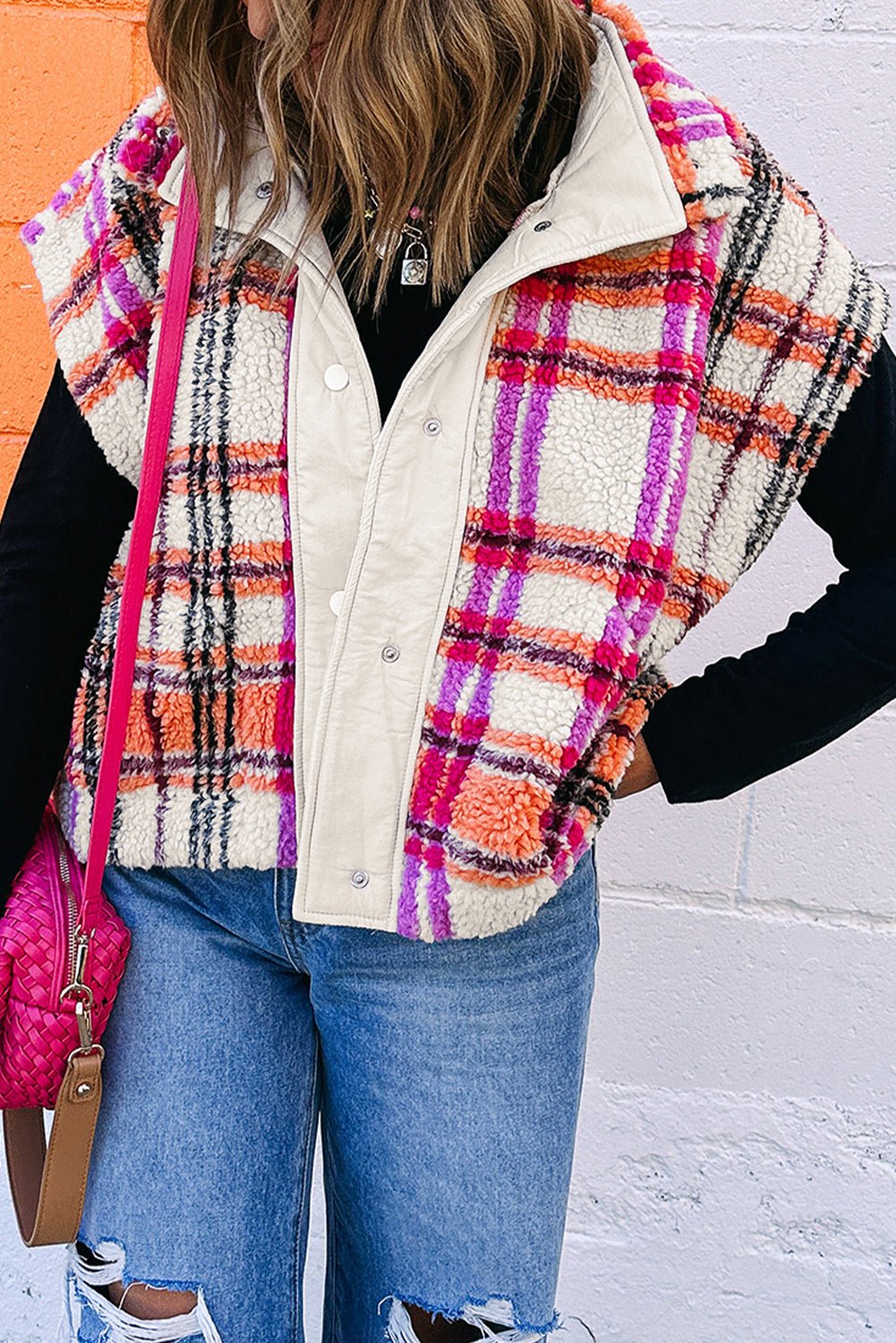Rose Sherpa Plaid Collared Jacket Vest - MAD RUFFI
