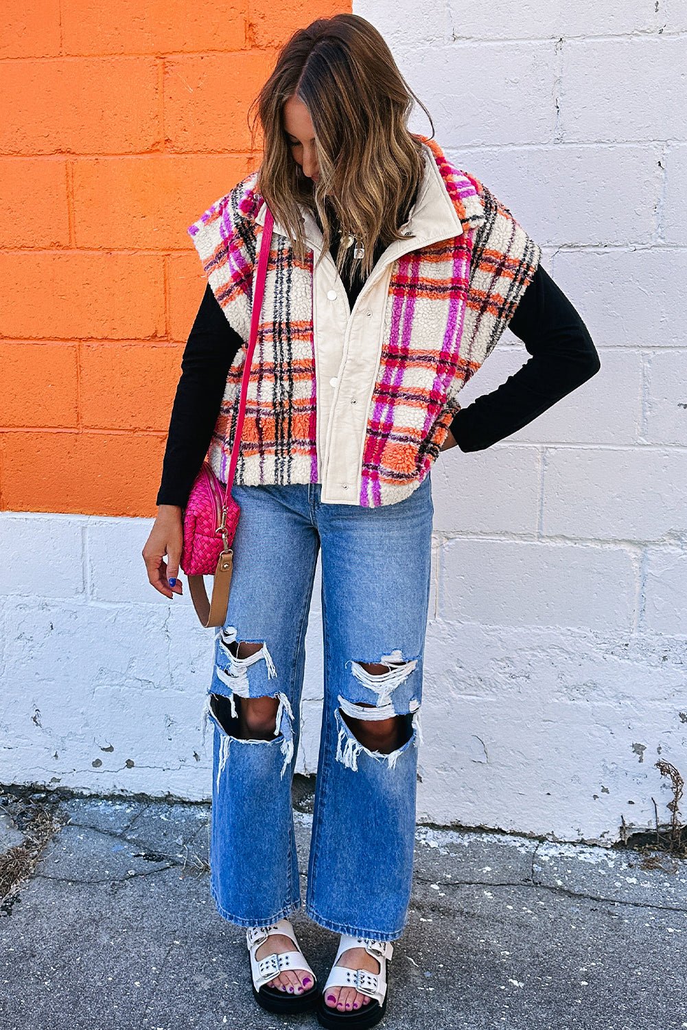 Rose Sherpa Plaid Collared Jacket Vest - MAD RUFFI