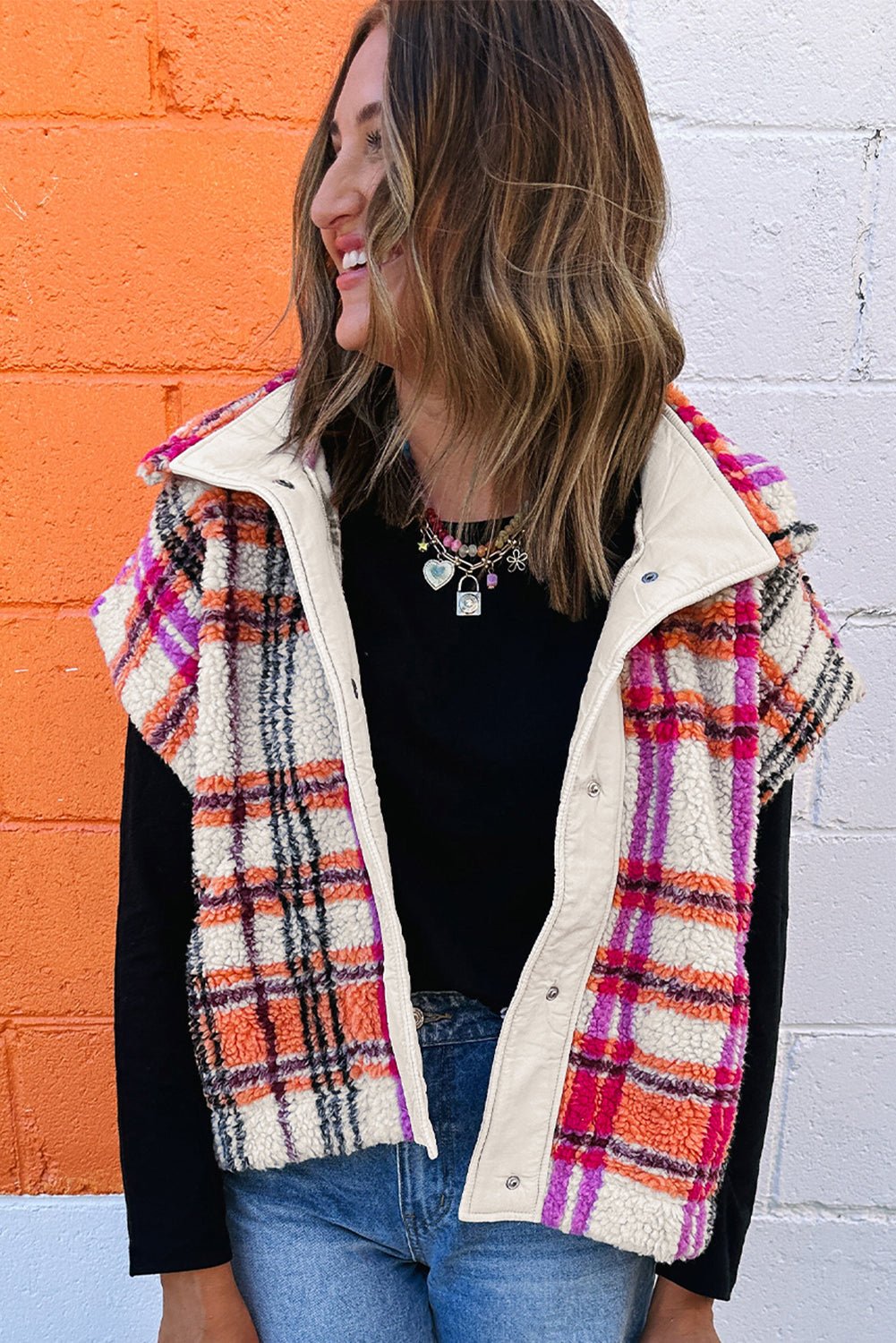 Rose Sherpa Plaid Collared Jacket Vest - MAD RUFFI