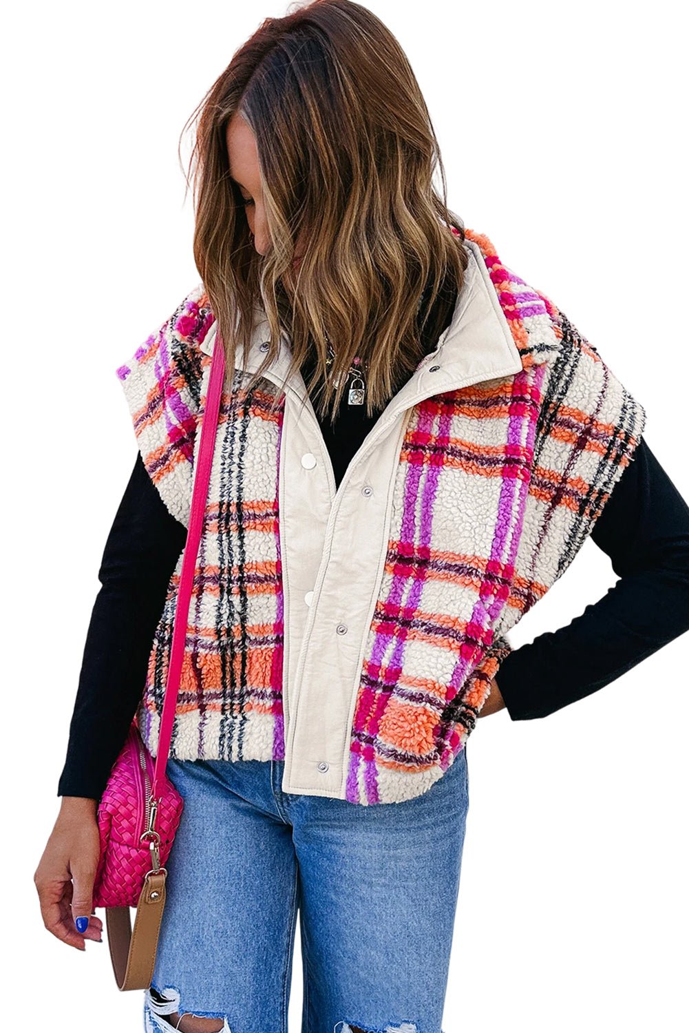 Rose Sherpa Plaid Collared Jacket Vest - MAD RUFFI