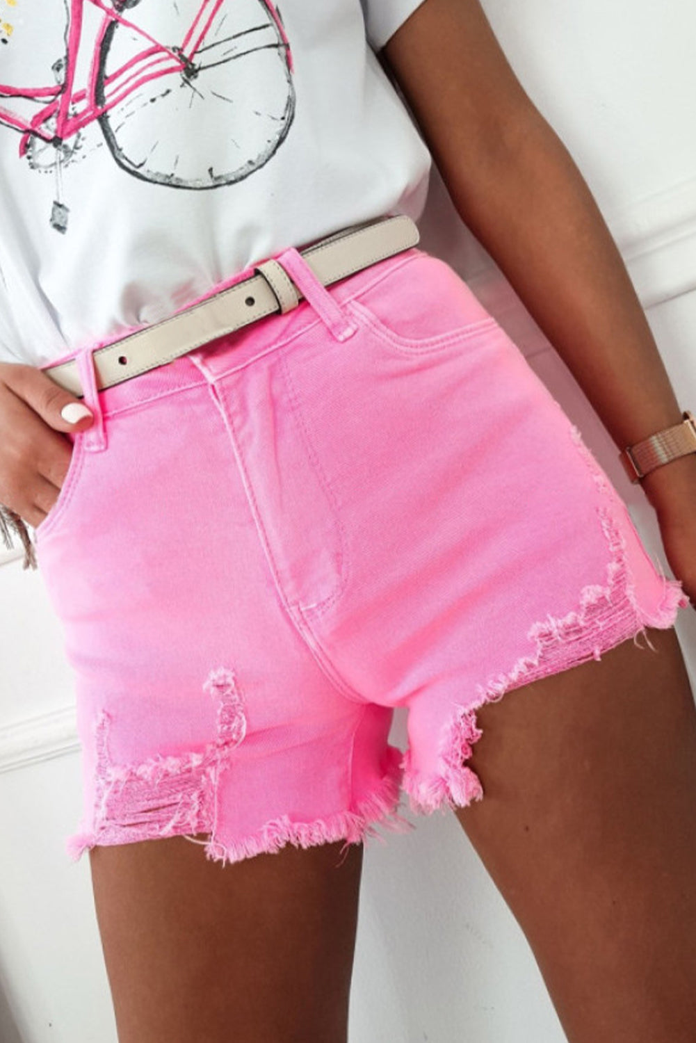 Rose Solid Color Distressed Denim Shorts - MAD RUFFI