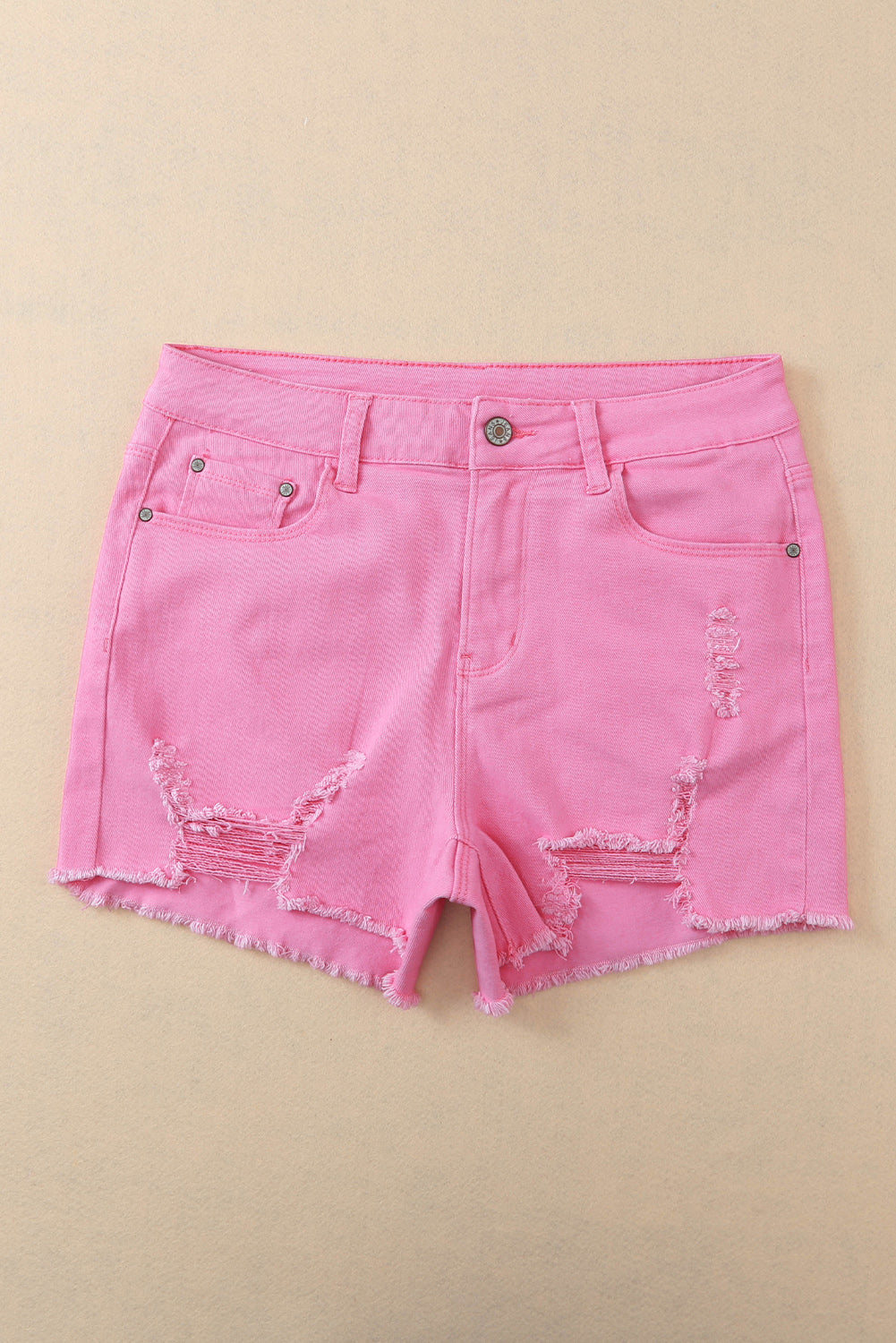 Rose Solid Color Distressed Denim Shorts - MAD RUFFI