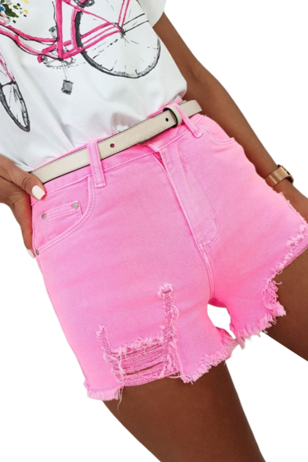 Rose Solid Color Distressed Denim Shorts - MAD RUFFI