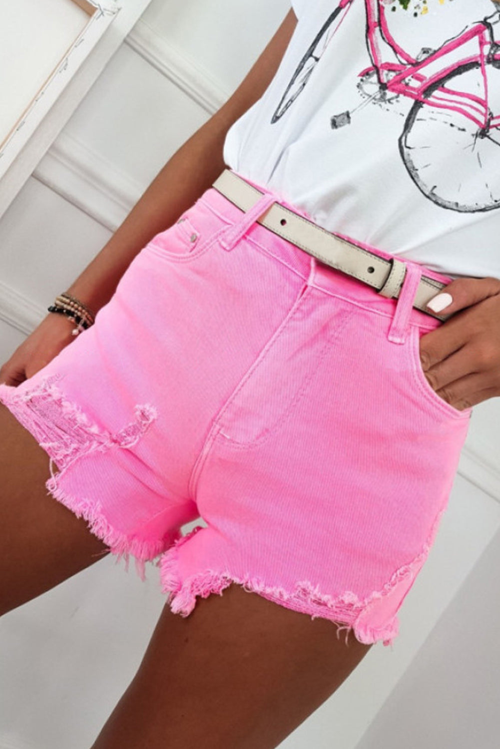 Rose Solid Color Distressed Denim Shorts - MAD RUFFI