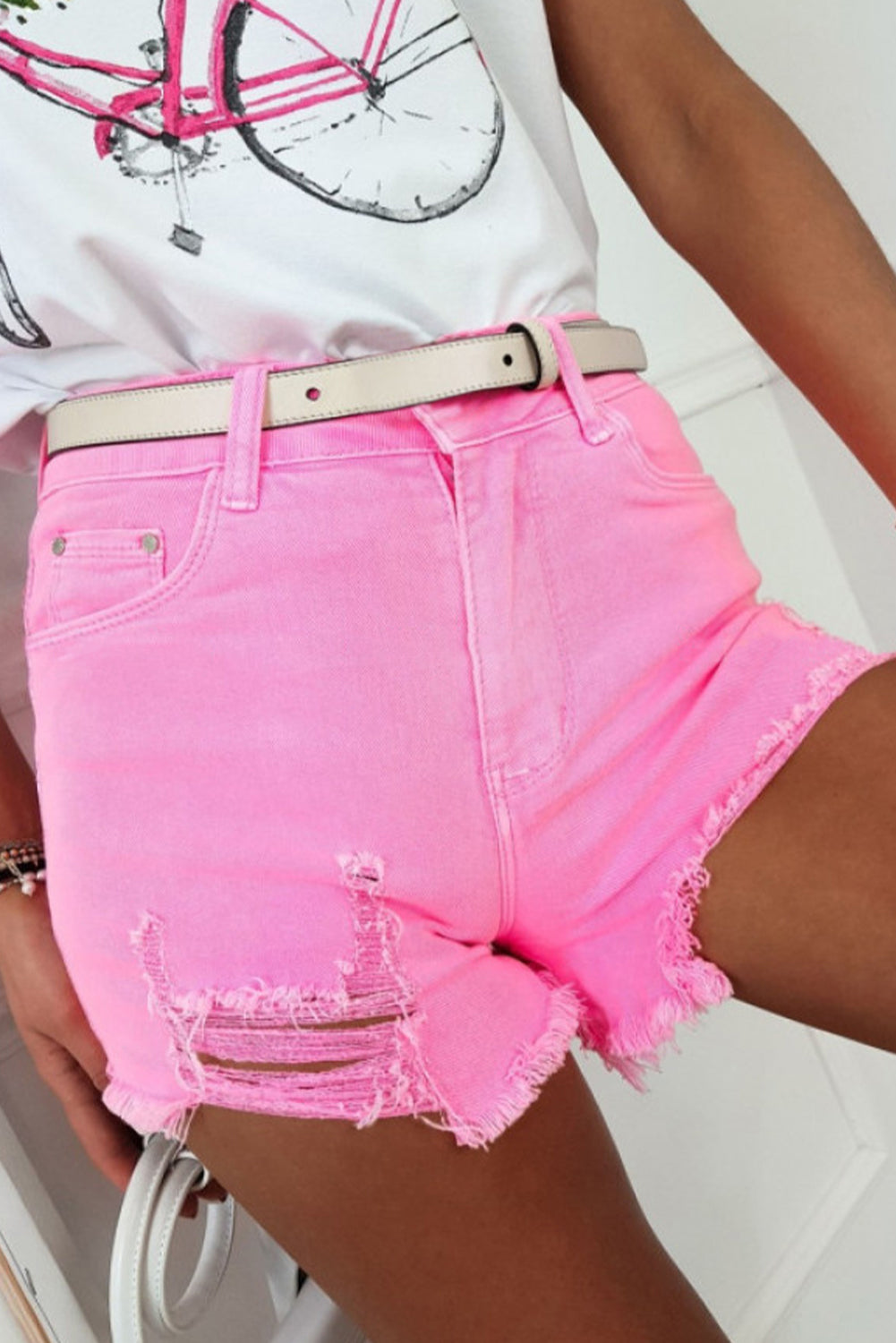 Rose Solid Color Distressed Denim Shorts - MAD RUFFI