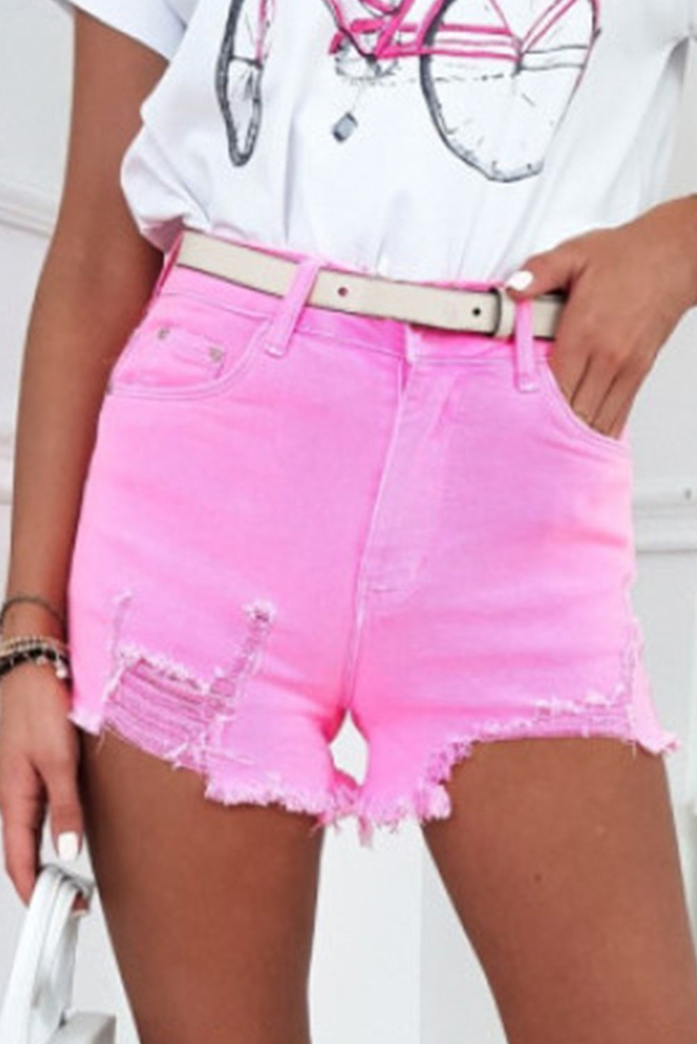 Rose Solid Color Distressed Denim Shorts - MAD RUFFI