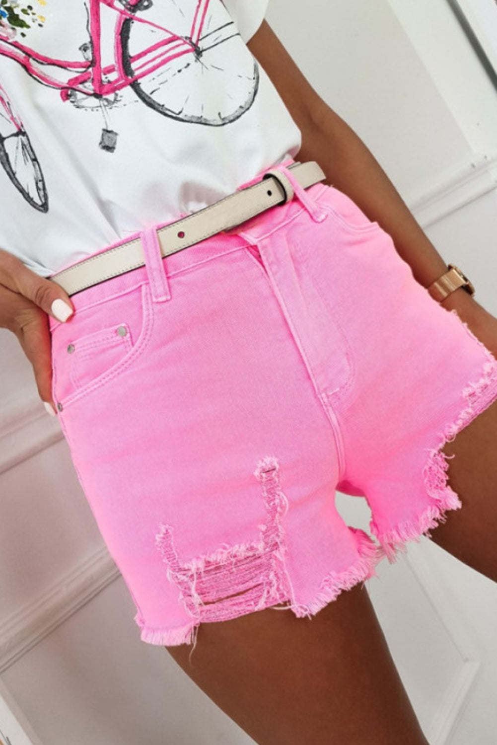 Rose Solid Color Distressed Denim Shorts - MAD RUFFI