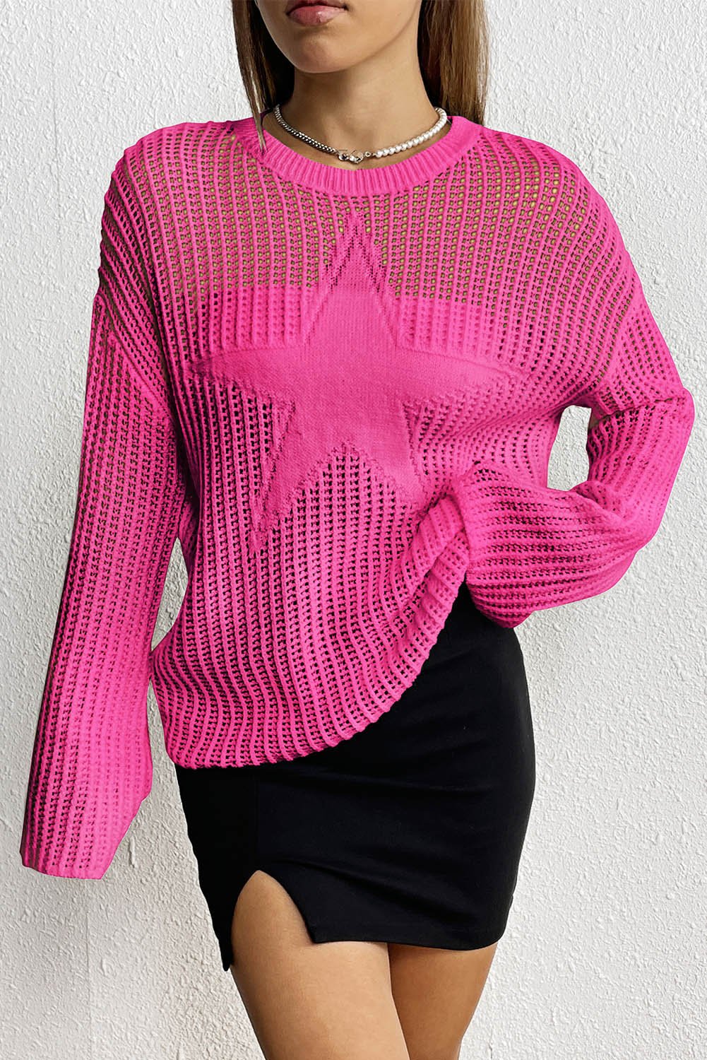Rose Star Pattern Lightweight Hollow Knit Sweater - MAD RUFFI