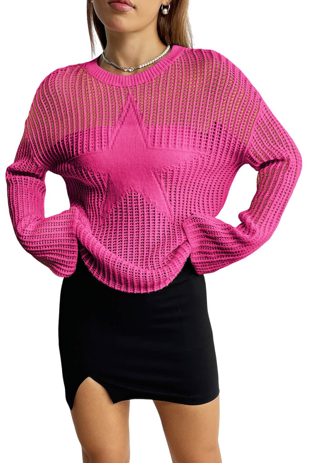 Rose Star Pattern Lightweight Hollow Knit Sweater - MAD RUFFI