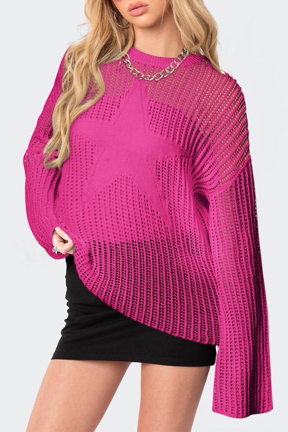 Rose Star Pattern Lightweight Hollow Knit Sweater - MAD RUFFI