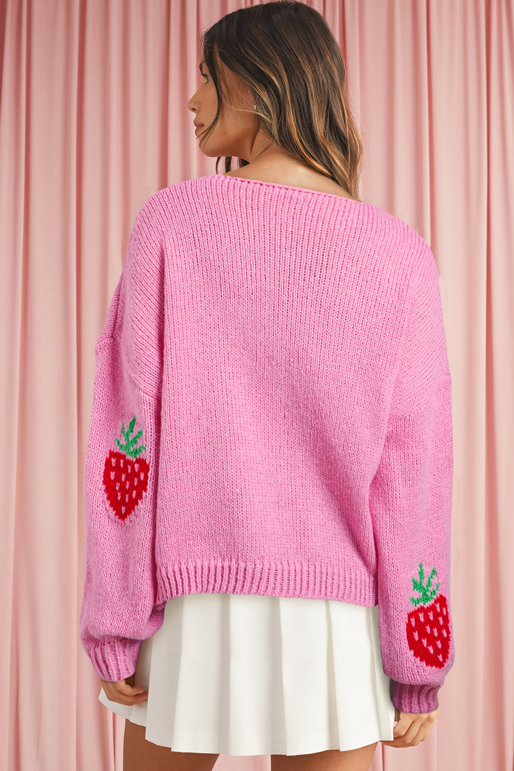 Rose Strawberry Print Bowknot Knit Cardigan - MAD RUFFI