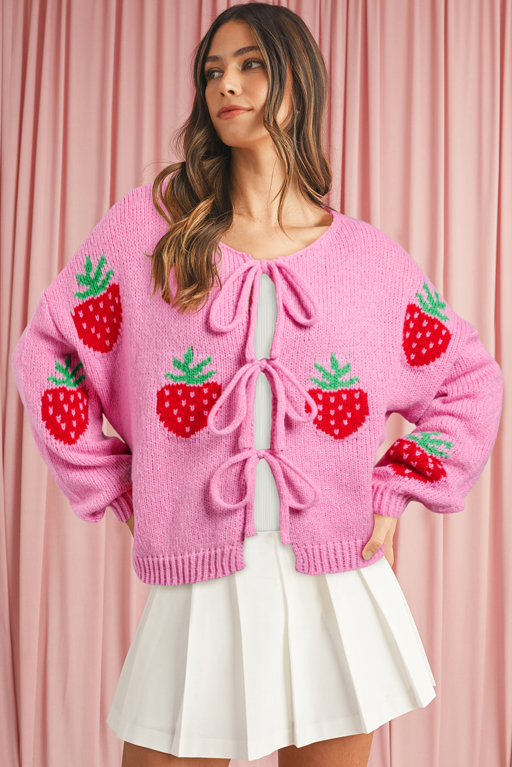 Rose Strawberry Print Bowknot Knit Cardigan - MAD RUFFI