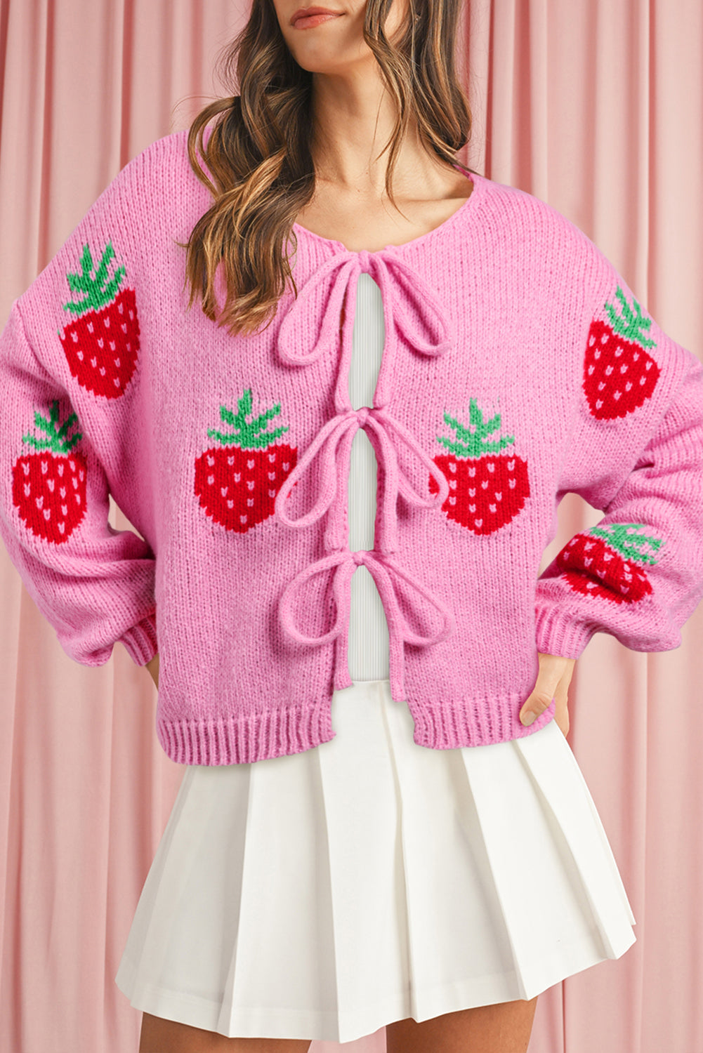 Rose Strawberry Print Bowknot Knit Cardigan - MAD RUFFI