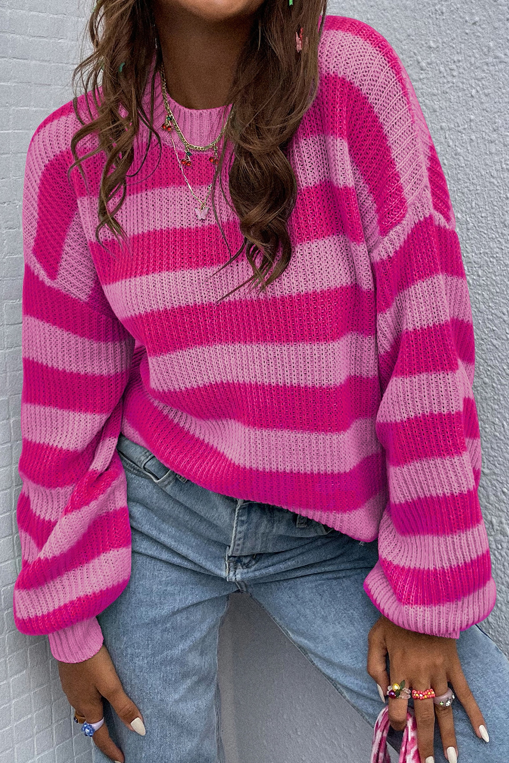 Rose Stripe Knit Long Sleeve Pullover Sweater - MAD RUFFI