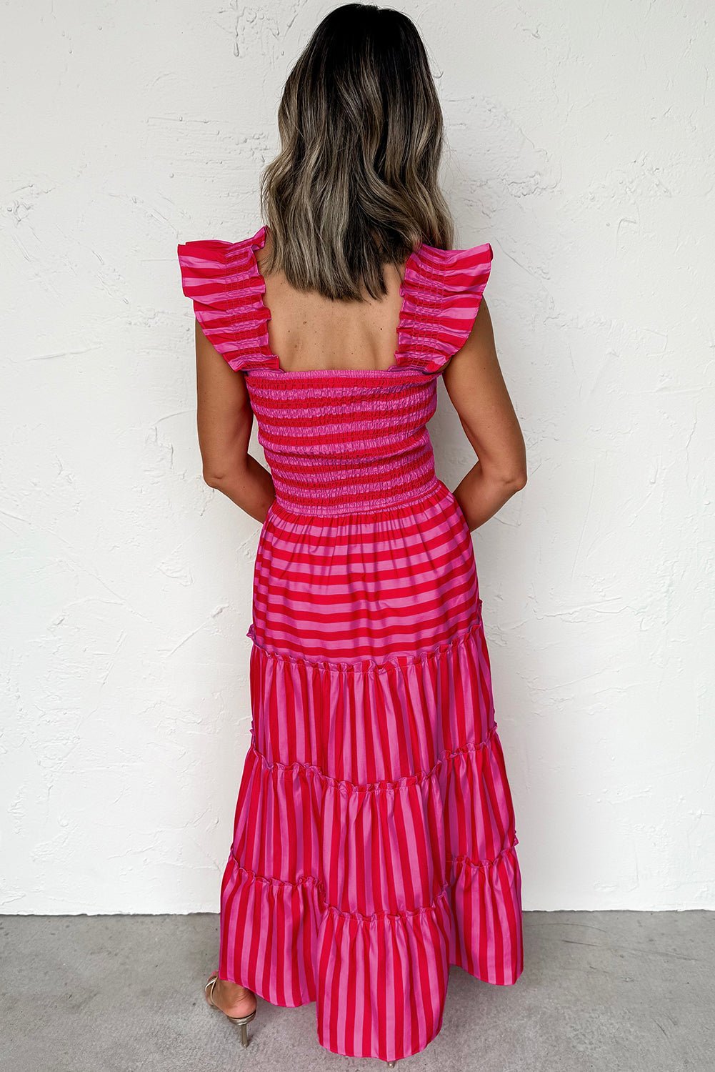 Rose Stripe Ruffle Strap Shirred Bodice Tiered Maxi Dress - MAD RUFFI