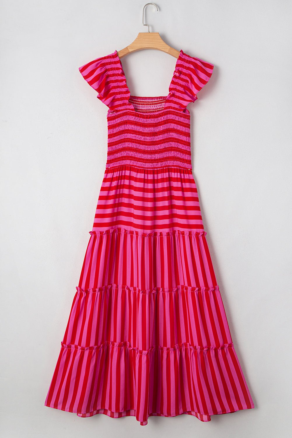 Rose Stripe Ruffle Strap Shirred Bodice Tiered Maxi Dress - MAD RUFFI