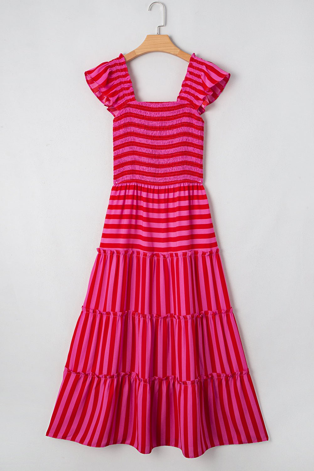 Rose Stripe Ruffle Strap Shirred Bodice Tiered Maxi Dress - MAD RUFFI