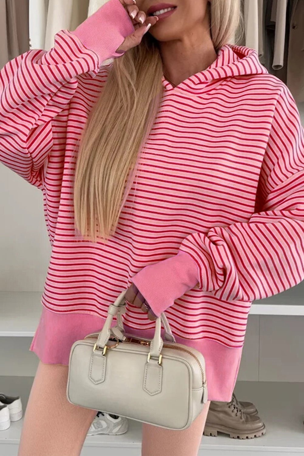Rose Stripe Thumbhole Side Slits Drop Shoulder Loose Fit Hoodie - MAD RUFFI