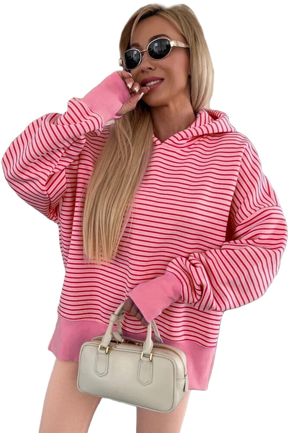 Rose Stripe Thumbhole Side Slits Drop Shoulder Loose Fit Hoodie - MAD RUFFI