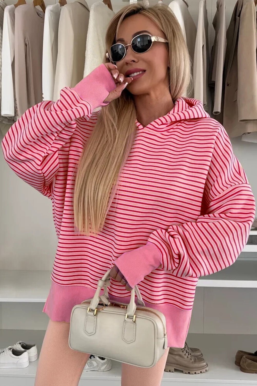 Rose Stripe Thumbhole Side Slits Drop Shoulder Loose Fit Hoodie - MAD RUFFI