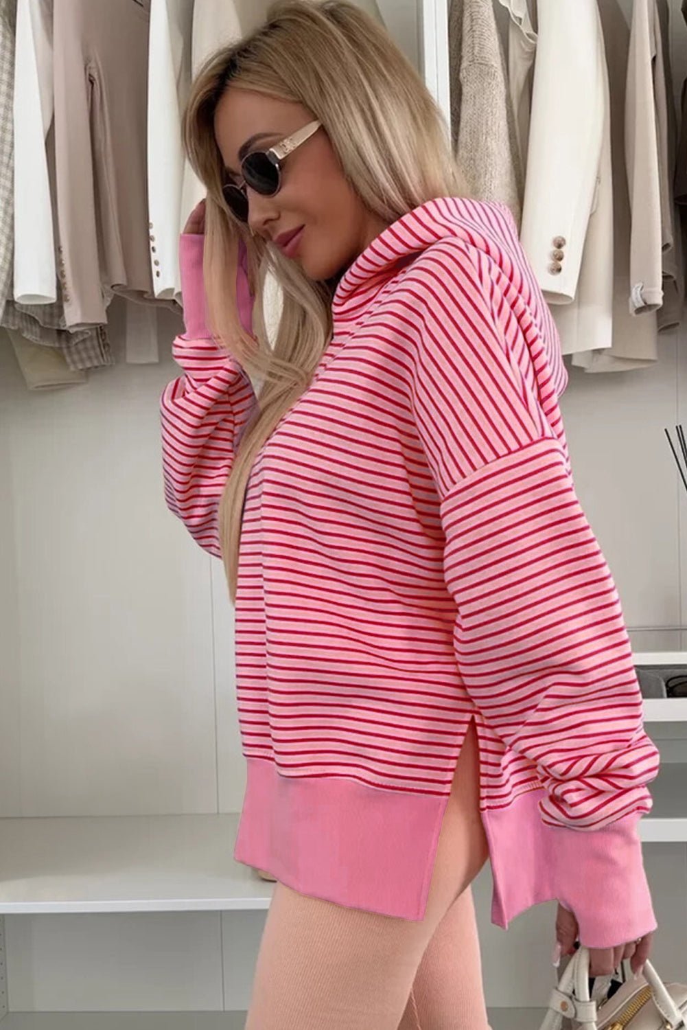 Rose Stripe Thumbhole Side Slits Drop Shoulder Loose Fit Hoodie - MAD RUFFI