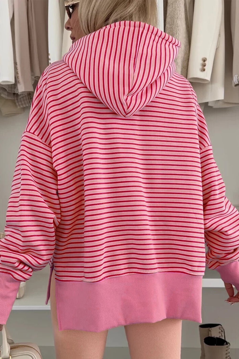 Rose Stripe Thumbhole Side Slits Drop Shoulder Loose Fit Hoodie - MAD RUFFI