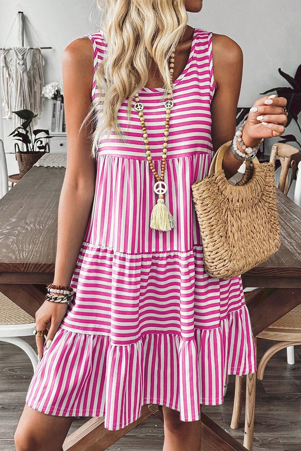 Rose Stripe U Neck Sleeveless Loose Fit Mini Dress - MAD RUFFI