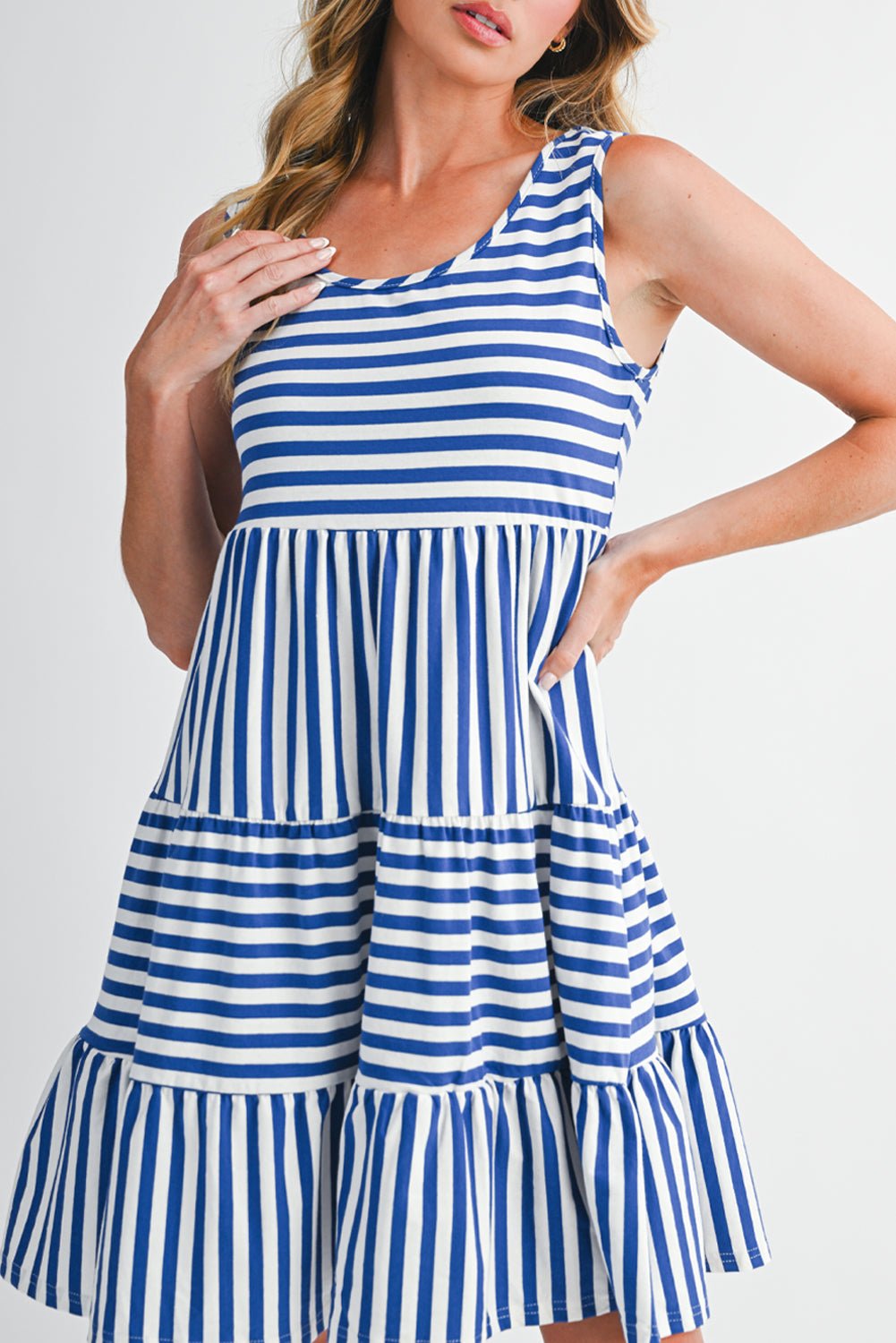 Rose Stripe U Neck Sleeveless Loose Fit Mini Dress - MAD RUFFI