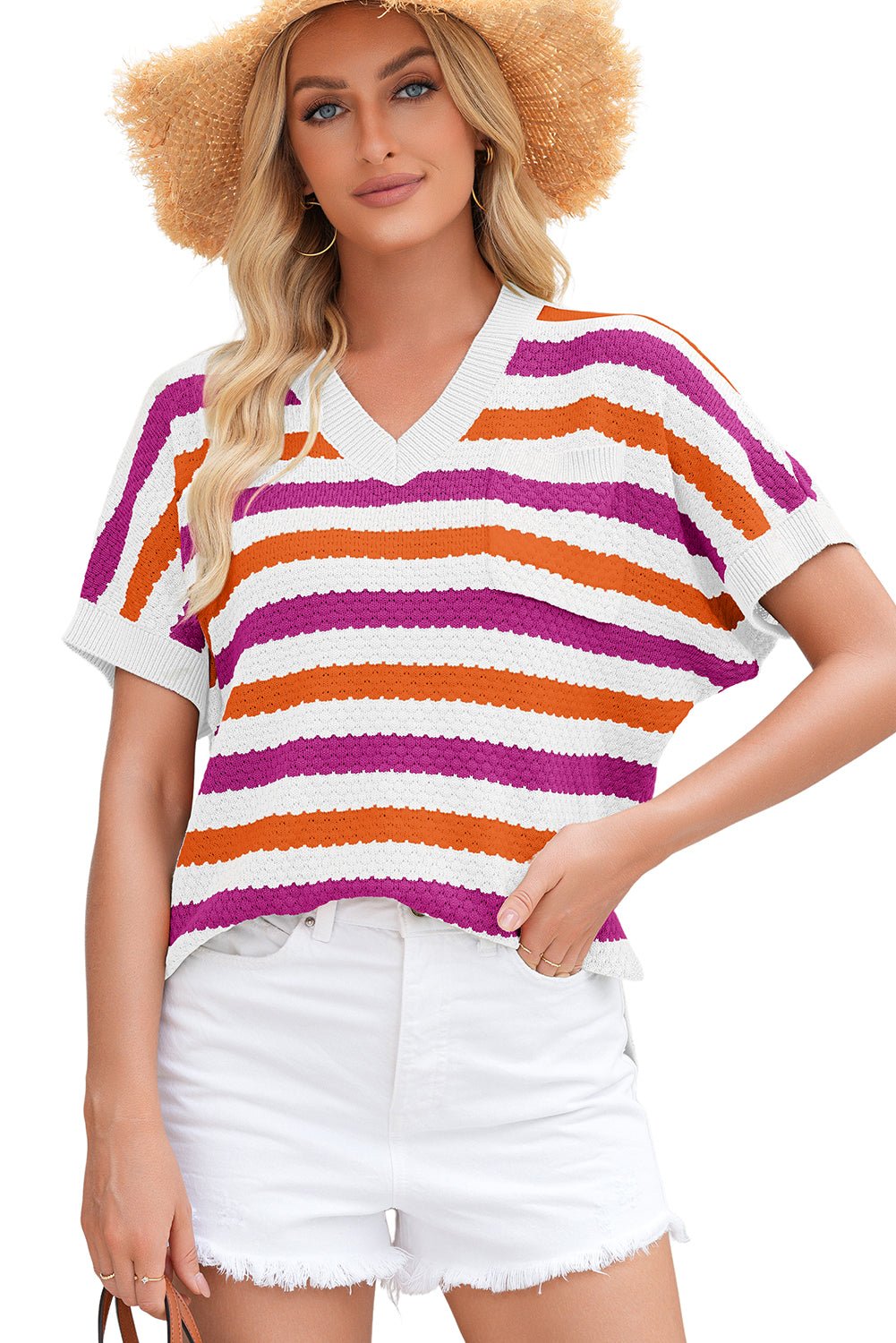 Rose Stripe V Neck Short Sleeve Sweater with Side Slits - MAD RUFFI